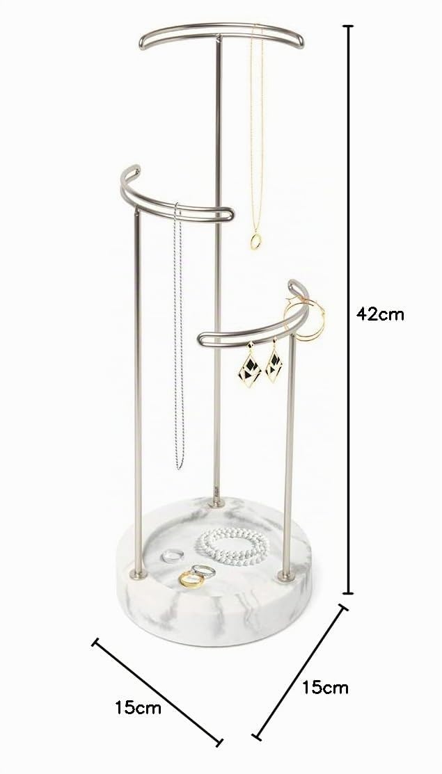 Umbra Tesora Schmuckbaum – Hoher Schmuckständer für Ketten mit Integrierter Schmuckablage für Ringe, Ohrringe, Armbänder, Uhren und Accessoires, 3-stufig, Metall/Marmor, Nickel/Weiß