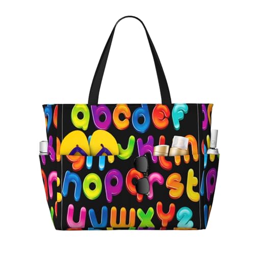 Alphabet Theme Print Large Beach Tote Bag for Women Extra Large Capacity Sandproof Waterproof Pool Bag Suitable for Swimming Pool Gym Groceries Travel