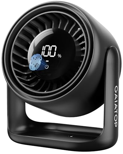 Gaiatop Desk Fan, Touch Control LED Display Small Portable Fans, 5 Speeds Strong Airflow, Ultra Quiet Rechargeable 4000mAh Battery Operated Table Desktop for Bedroom, Office, Bedside, Home, Black