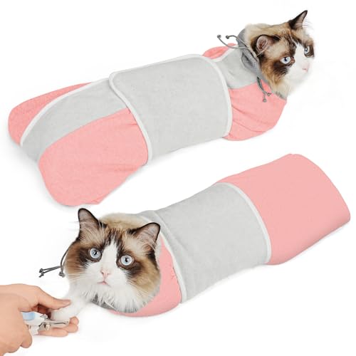 Image of Supet Cat Grooming Wrap for Cutting Nails, Self-Adhesive Calm Cat Swaddle | Bite-Proof Mesh Hood & Thick Waist Strap Anti-Escape Anti-Scratch Bag for Nail Trimming, Medication, Ear Cleaning (Pink S)
