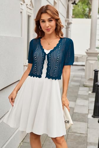 Image of Kate Kasin Women Crochet Shrug Knit Sweater, Short Sleeve Cropped Cardigan | Tie Front Tops Light Weight, Knit Cover Up Arm Bolero For Evening Dresses Dressy Casual, Ladies Eyelet Shawl Thin Formal