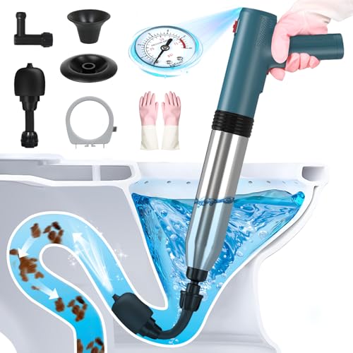 Image of Electric Toilet Plunger Air Powered Toilet Plunger High-Pressure Drain Unclogger Electric Plunger with Real-Time Visual Barometer, Stainless Steel Air Toilet Plunger for Bathroom, Floors, Shower
