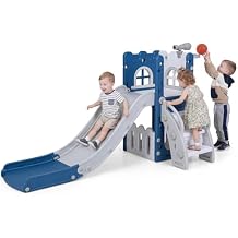 BABY JOY Toddler Slide, 6-in-1 Indoor Kids Slide Playset with Basketball Hoop, Telescope, Climbing Ladder & Storage Space, Freestanding Playhouse & Climber for Kids Aged 1-3 Deep Blue