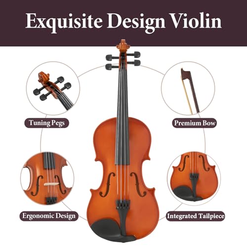 Image of 4 /4 Full Size Beginner Violin - Acoustic Fiddle Set for Adults, Teens, and Students (Age 12+), with Case, Bow, Bridge, and Rosin (Brown)