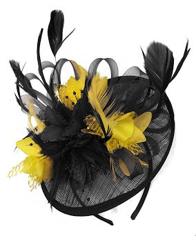Image of Caprilite Black and Yellow Sinamay Disc Saucer Fascinator Hat for Women Weddings Bird Cage Veil Headband