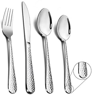 Homikit Cutlery Sets, Stainless Steel 16 Piece Hammered Cutlery Set, Metal Silverware Tableware Include Fork Knife Spoon Set Great for Christmas/Party/Camping, Mirror Finished & Dishwasher Safe