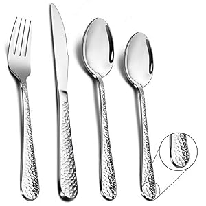 Cutlery Set, 24 Piece Hammered Flatware Cutlery Sets, Stainless Steel Silverware Set for Home/Office/Party, Knife Fork Spoon Eating Utensils Set Service for 6, Mirror Polish & Dishwasher Safe