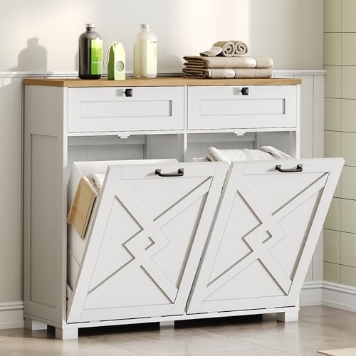 STHYTON Double Tilt-Out Laundry Hamper Cabinet, 2 x 13.6 Gallon Laundry Basket, Hidden Laundry...