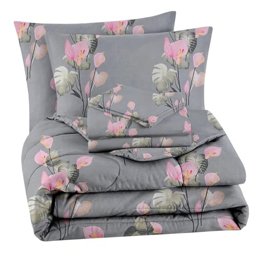 Image of HOMEKART 220 GSM Microfiber 4-Piece Comforter Bedding Set for Double Bed | King Size AC Comforter with Flat Bedsheet (90x100 Inch) & 2 Pillow Covers | Soft, Lightweight & All-Season | Grey & Pink
