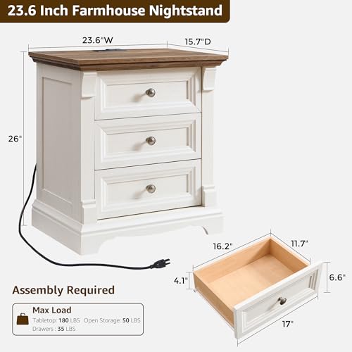 Image of Farmhouse 26 inch Tall Nightstand with Charging Station 23.6 inchW Wood Side Table