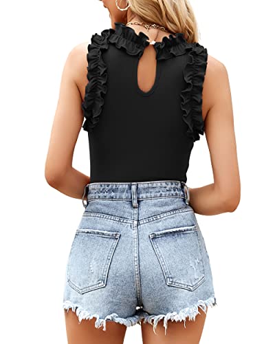 Image of WAYMAKER Women's Sleeveless Racer Back Ruffle Mock Turtle Neck Ribbed Bodysuit Tank Tops
