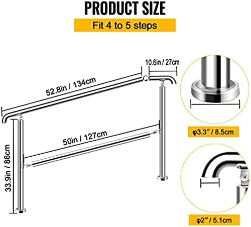Stainless Steel Stair Railing Handrail Steps 304 Stainless Steel Porch Deck Patio Railing For Indoor&Outdoor Adjustable Metal Transitional Hand Rails For Steps,5 Step #TOP2