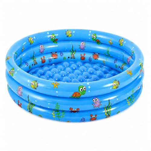 Image of eBoutik - 3 Ring Inflatable Paddling Pool - 1.14m x 25cm Blue Cartoon Garden Pool, Small Round Blow Up Pool for Summer Outdoor Water Play