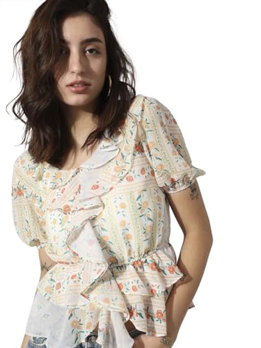 Image of ONLY Floral Printed Puff Sleeves Peter Pan Collar Chiffon Peplum Top