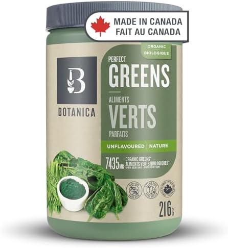 Botanica Perfect Greens Powder – Made in Canada, Gluten Free, Organic Spirulina + Chlorella + Barley Grass Blend Drink Mix – 7.4 g Greens + 591 mg Antioxidants per Serving, Unflavoured, 216 g, 27 Servings
