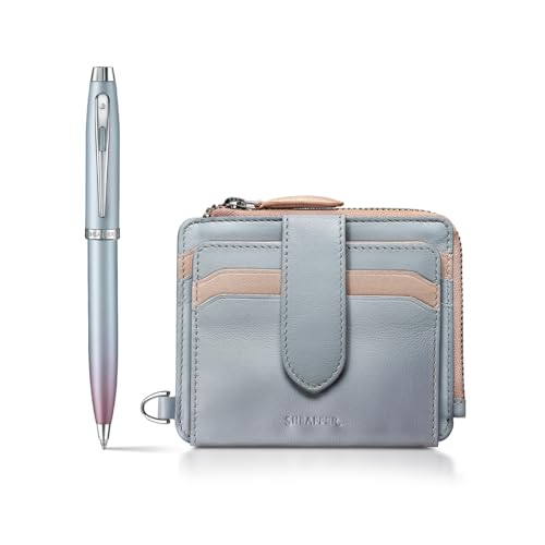 Image of Sheaffer Expressions Gift Set 100 9376 Blue and Pink Pearlised Gradient Ballpoint Pen with Chrome plated Trims and Genuine Leather Wallet