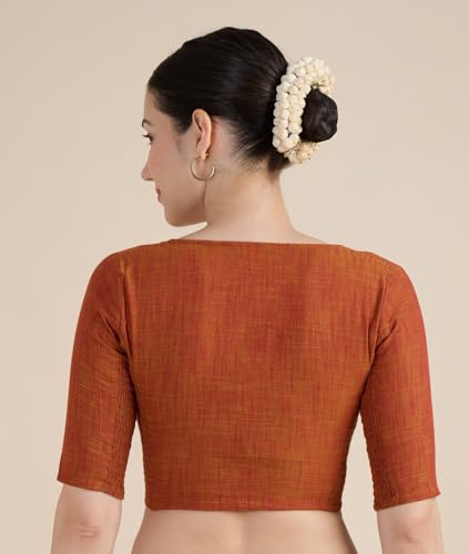 Image of Studio Shringaar Women's Handloom Cotton Side Stretchable (Smocked) Readymade Saree Blouse with Crochet Neckline