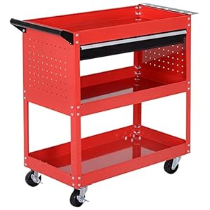 HOMCOM Carro de Taller, Carro de Herramientas con 3 Niveles, Carro de Transporte con cajón, Carro de Montaje para Garaje, almacén, Carga máx. 60 kg, Rojo