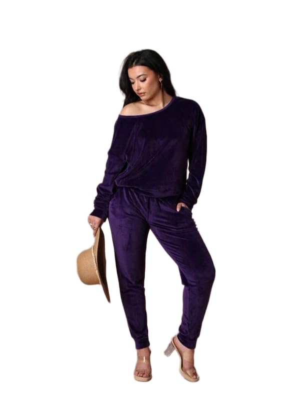 PATAKADEVI Women’s Velvet Two Piece Set Deep Purple Off Shoulder Pullover Top and Tapered Jogger Pants Matching Loungewear Outfit for Sophisticated Comfort-picture-55