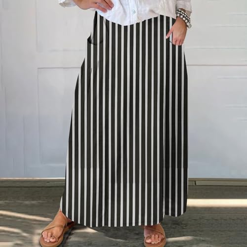 Womens Striped Skirts Casual Summer Skirts Plus Size Elastic Waist Skirts Loose Maxi Skirt with Pockets Pleated Skirt2