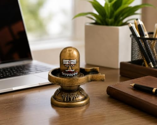 Image of Metal Shivling for Home Puja | Antique Brass Finish Shiv Ling Murti | Mahakal Shivling Idol for Temple, Office Desk & Meditation | Shiva Lingam Spiritual Gift (Golden Metal Shivling)
