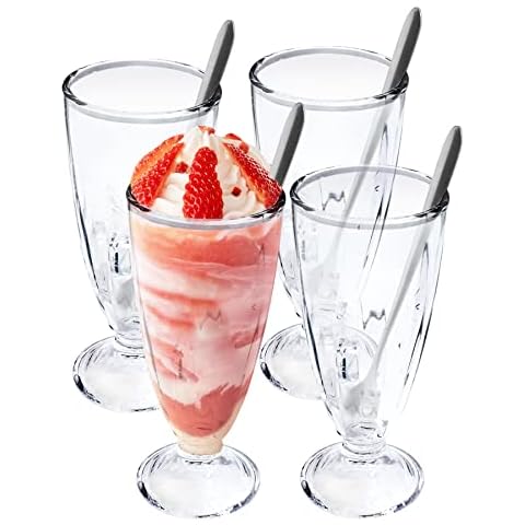 binsakao 4 Pack Milkshake Glass with 6 Long Metal Spoons, Old Fashioned Soda Glasses, Fountain Classic Glass for Ice Cream, Clear, 12oz Cover