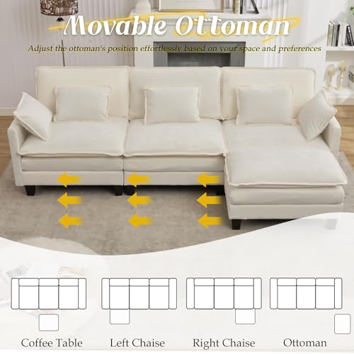 SAMERY 113\" Modular Sectional Sofa Comfy Cloud Couch with Movable Ottoman Pillows, Deep Seat Chenille Modular Sofa L Shaped Cloud Sectional Couches for Living Room, Bedroom, Apartment, Beige - Thumbnail 4