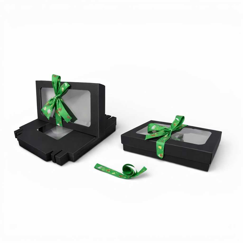 Emartbuy Pack of 96 Black Gift Boxes with Clear Window Lid & Green Hat Satin Ribbon - Large Wide 29.5 x 22 x 4.5 cm - Recyclable Kraft Presentation Box for Hampers, Treats, Weddings & Favours
