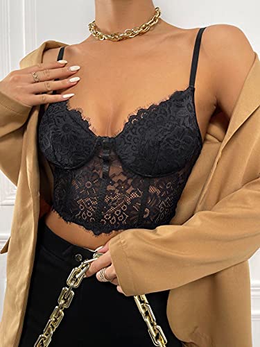 Shein Women's Lace Casual Camisole Cami Crop Tank Tops Lingerie Bustier Spaghetti Strap Crop Top Black Xs #TOP4