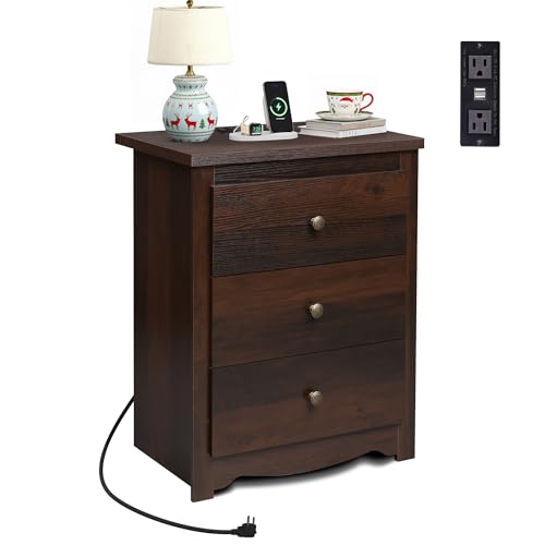 WLIVE Tall Nightstand with Charging Station, Wood Nightstand with 3 Drawers, Bedside Tables Bedroom, Dorm, End Table with 2 USB Ports and 2 AC Outlets, Bedside Table, Espresso