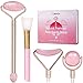 Produktbild Jade Roller, 4 in 1 Austauschbar Rosenquarz Roller Set, Massage Stein Gesicht Massagegerät mit 4 Unterschiedlichen Jade Roller Köpfe und Silikon Maskenpinsel