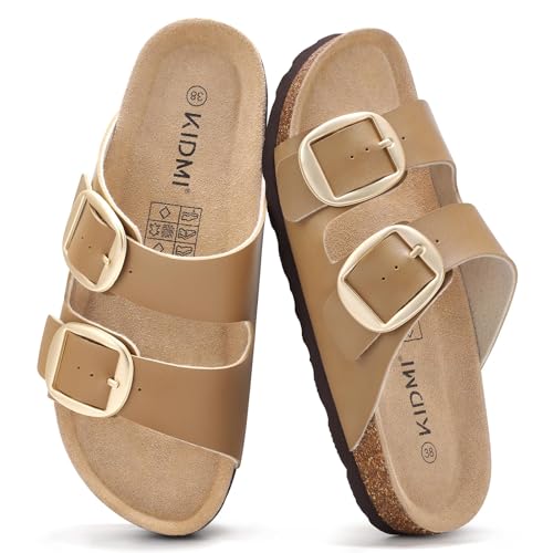 Image of KIDMI Women's Cork Footbed Slide Sandals Comfortable Arch Support Outdoor Sandal with Big Adjustable Buckle for Summer