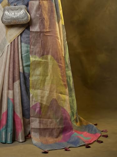 Image of AKHILAM Women's Floral Printed Handloom Cotton Silk Saree with Zari Border and Tassel Pallu Unstitched Blouse Piece | Traditional Ethnic Wear Sarees | Women saree silk | Festive Sari Women's