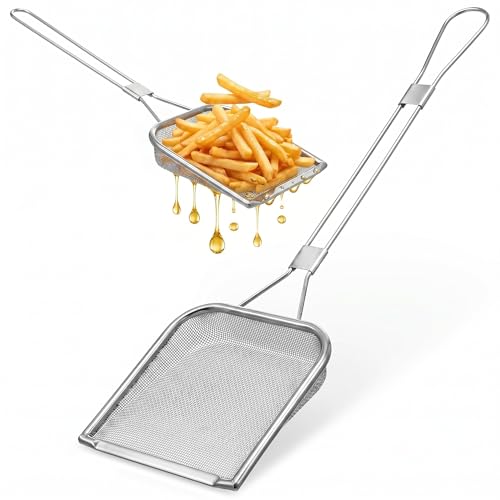 Image of DEARMAMY 304 Stainless Steel Square Mesh Skimmer, Fine Mesh Colander Spoon with Long Handle, Heavy Duty Fry Ladle & Oil Fat Skimmer Scoop for Kitchen Deep Frying & Cooking, Silver
