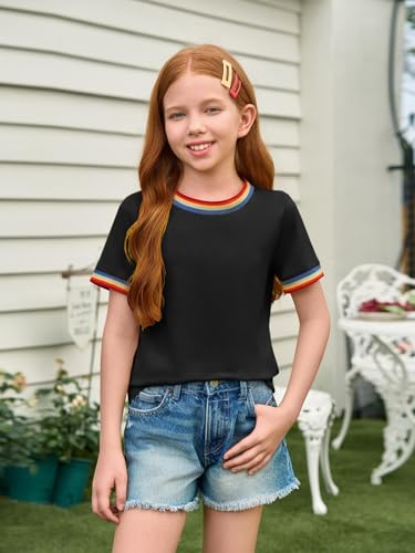 Image of Haloumoning Girls Short Sleeve T-Shirts Summer Rainbow Tops 5-14 Years