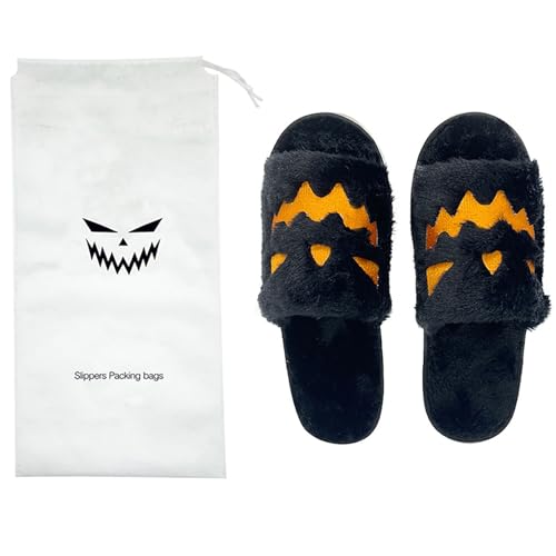 Halloween Slippers Soft Fuzz Open Toe Slides For Women, Men Cute Pumpkin & Ghost Indoor Pjs Shoes Winter Holiday Slippers3