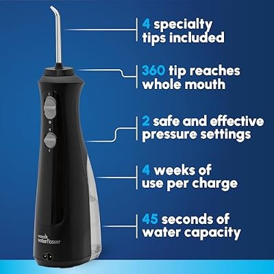 Waterpik Cordless Pearl Rechargeable Portable Water Flosser for Teeth, Gums, Braces Care and Travel, Extra Quiet, 4 Flossing Tips - ADA Accepted, WF-13 Black