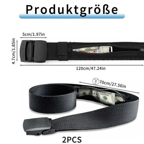 Geldgürtel Herren, 2 Stück Gürtel Mit Geheimfach, Sicherer Reisegürtel Für Outdoor-Aktivitäten Und Täglichen Gebrauch, Verstellbare Taillengröße, Frauen, Reise, Outdoor Und Diebstahlschutz (Schwarz)