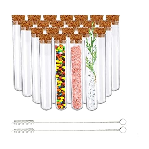 QUCUMER 50 Stück Reagenzgläschen mit Korken 15ml Kunststoff Transparent Reagenzglas mit 2 Bürste Reagenzröhrchen Hartplastik Klar Reagenzgläser für Blumen für Hochzeiten Badesalzbonbons (108 * 18mm) Cover