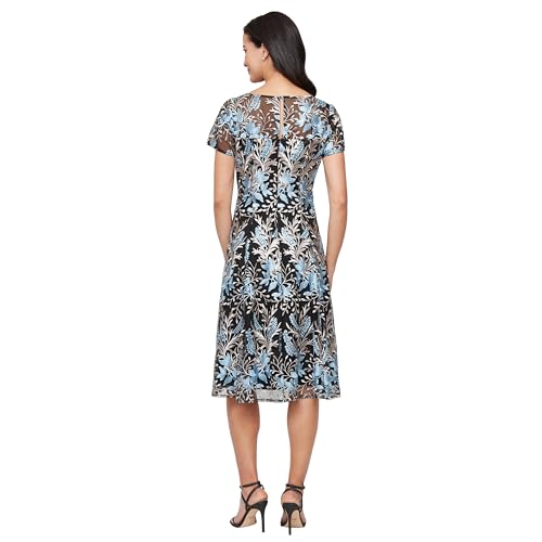 S.L. Fashions Women's Tea Length Cap Sleeve Illusion Neckline Embroidered Lace Dress2