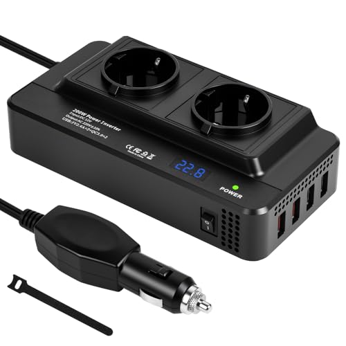 URAQT Inversor para Coche, Inversor de Corriente, Transformador de tensión DC 12 V a AC 230 V 200W con 4 Puertos USB y 2 enchufes UE-USB 3.0 y USB 2.0, Convertidor de Voltaje para Coche, Camping, RV