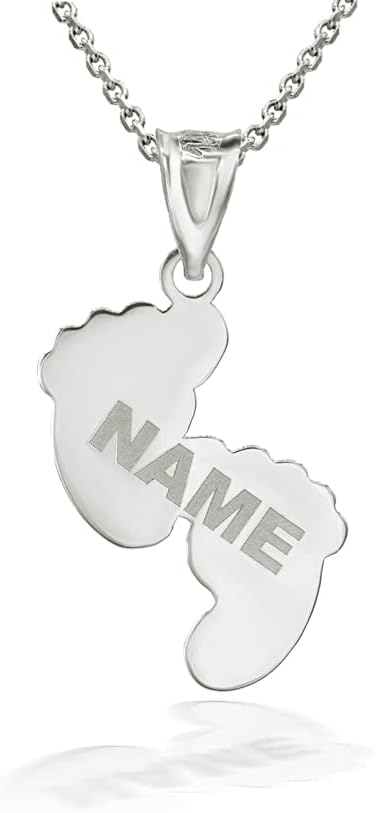 Good Luck Charms Baby Footprint Personalized 14k White Gold Name Necklace Custom Engraved with Child's Name and Date