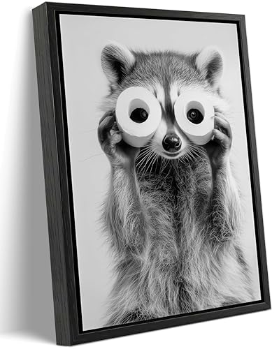 Framed Adorable Raccoon Bathroom Canvas Wall Art Toilet Paper Raccoon Wall Decor Pictures Funny Black and White Bathroom Animal Posters Prints for Restroom Home Decoration 12x16in