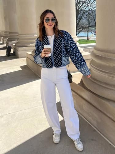 Aimiray Women's Cropped Floral Puffer Jacket Cardigan Printed Lightweight Open Front Padded Quilted Coats(Navyblue-L)3