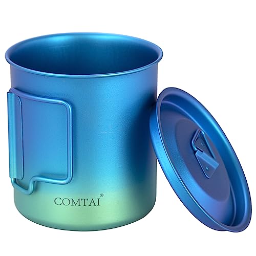 COMTAI Titanium Pot, 420ml/15 oz Mug with Lid and Foldable Handle, Outdoor Titanium Cup for Hiking Camping Cooking-Blue