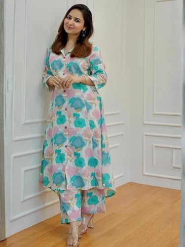 Image of Leriya Fashion Women's Cotton Printed A-Line Kurti Pant Set | Abstract Leaf & Floral Kurta with Trouser Pant | Casual Ethnic Co-ord Set for Women Stylish | Elegant Anarkali Style Tunic Kurta Set