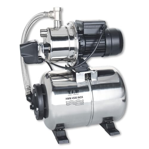 T.I.P. Hauswasserwerk HWW 4500 INOX, Edelstahl, 4 350 l/h, max. 50 m Förderhöhe, 5 bar Druck, 22 l Tank, 1 200 W Leistung, Manometer, robust, zuverlässig & korrosionsfrei, Thermo-Überlastschutz