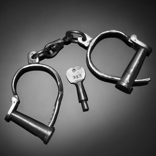 Image of Vintageware Heavy Duty Carbon Steel Indian Handcuffs with Removable Key, Chrome Finish, Adjustable Metal Handcuffs for Theatre, Drama, Stage Performance, Film Props & Historical Display