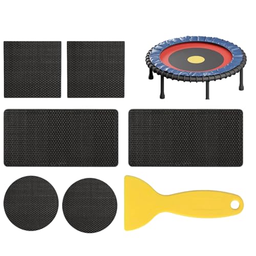 Parche de trampolín - 6 piezas de cinta adhesiva mate | Set con 3 formas de parche y raspadores para reparar agujeros | Ideal para trampolines, tapetes exteriores y sellado duradero