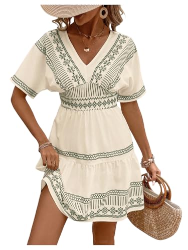 Image of SweatyRocks Women's Printed V Neck Mini Dresses A Line Dolman Short Sleeve Summer Boho Dress